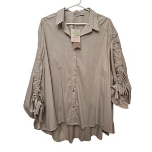 Rinascimento Oversize Beige Button-Up Shirt With Ruched Sleeves Size L